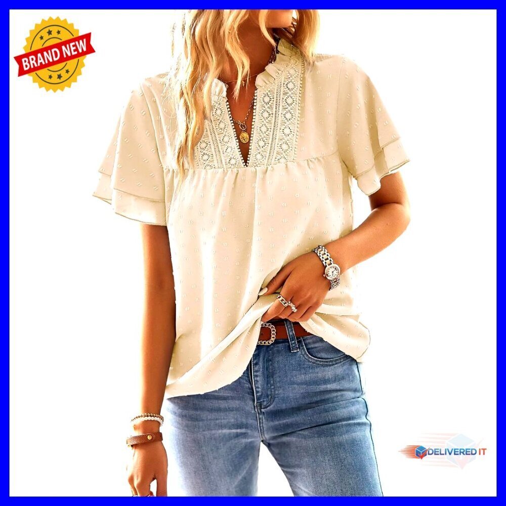 V Neck Butterfly Sleeve Blouse Flowy Swiss Dot Ruffle Chic Casual Top